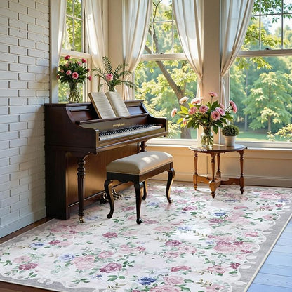 Lahome Vintage Floral 8x10 Rugs for Living Room,Large Boho Washable Rugs,Low Pile Bedroom Rug 8x10 Under Bed Carpet for Nursery Playroom Dining Room (Purple/Grey)