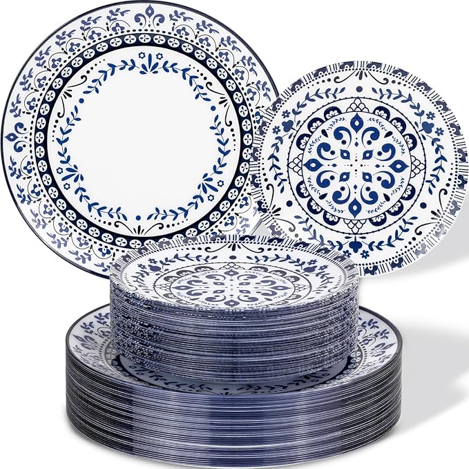 Blue Plastic Plates, Floral Disposable Plates, 10.25" dinner & 7.5" dessert by Hioasis