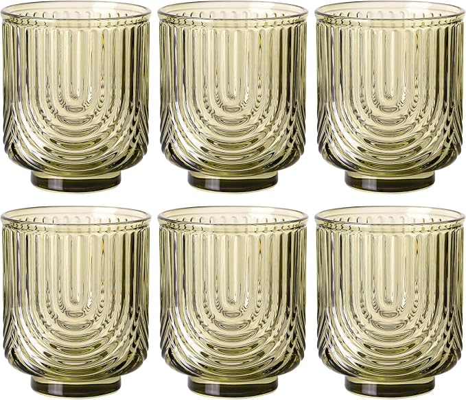 Green Vintage Drinking Glasses Set of 6-15oz Hand-Blown Highball Ribbed by TrophyToast