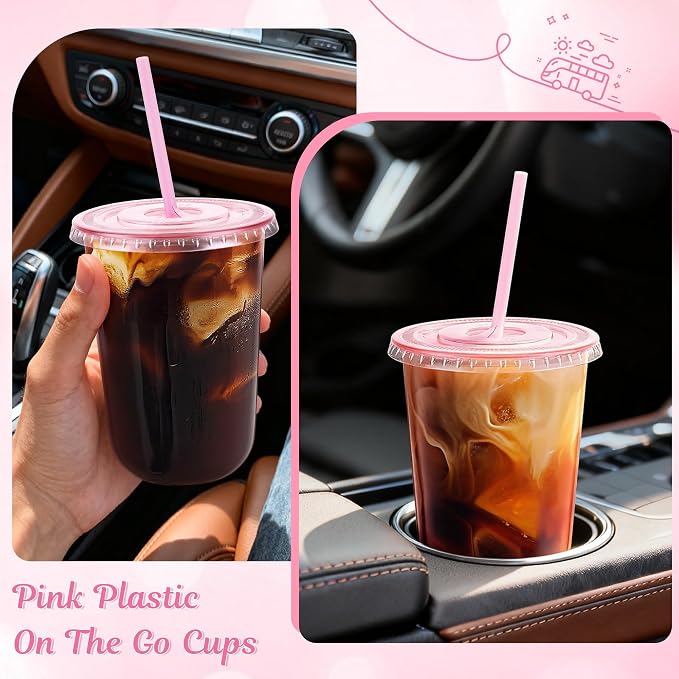 tchrules 100 Set 16oz Pink Round Bottom Plastic Cups - Image 6