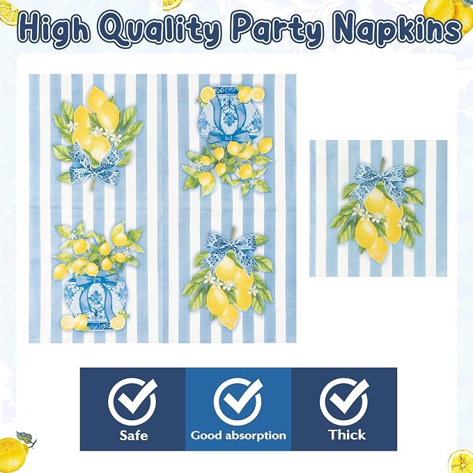 96Pcs Chinoiserie Vase Lemon Party Plates Supplies Capri Lemon Blue White Vase - Image 4
