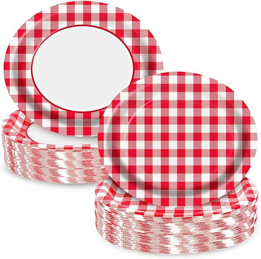 100pcs Red Gingham Oval Paper Plates, 10" x 12" Large Red and White Checked Plaid Party Supplies Disposable Heavy Duty Paper Plates for Birthday Wedding Bridal Baby Shower Christmas Party Decor