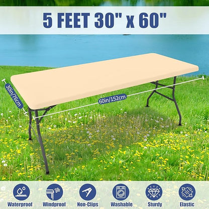 Spandex 5 Foot Rectangle Table Cloth 2 Pack, Elastic Fitted Tablecloths for Picnic, Stretch Washable Patio Table Cover for Outdoor, Camping, Banquet and Parties(Ivory, 30"x60")
