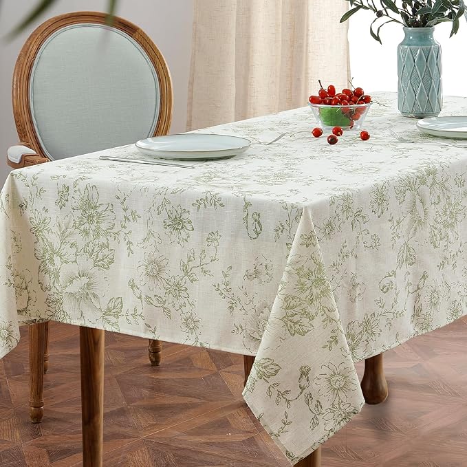 jinchan Green Floral Linen Blend Rectangle Table Cloth 52 x 70 Inch | Elegant - Image 2