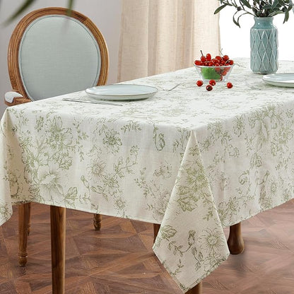 jinchan Green Floral Linen Blend Rectangle Table Cloth 52 x 70 Inch | Elegant - Image 2