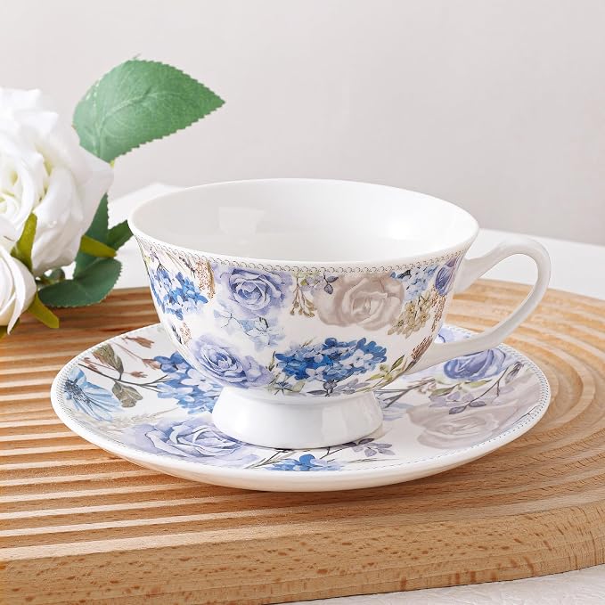 fanquare 6 oz Blue Rose and Hydrangea Porcelain Tea Cup and Saucer Set | - Image 3