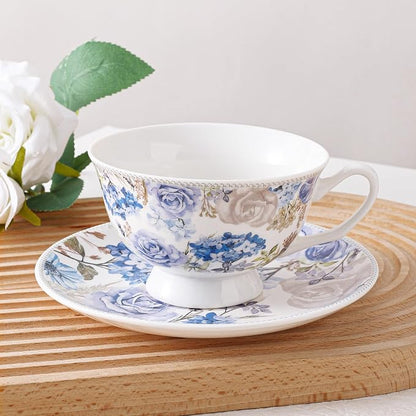 fanquare 6 oz Blue Rose and Hydrangea Porcelain Tea Cup and Saucer Set | - Image 3