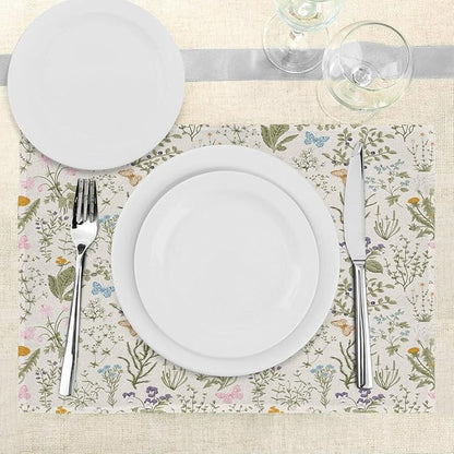 Ambesonne Floral Place Mats Set of 4, Vintage Garden Plants Herbs Flowers Botanical Classic Design Art, Washable Fabric Placemats for Dining Table, Standard Size, Reseda Green Beige
