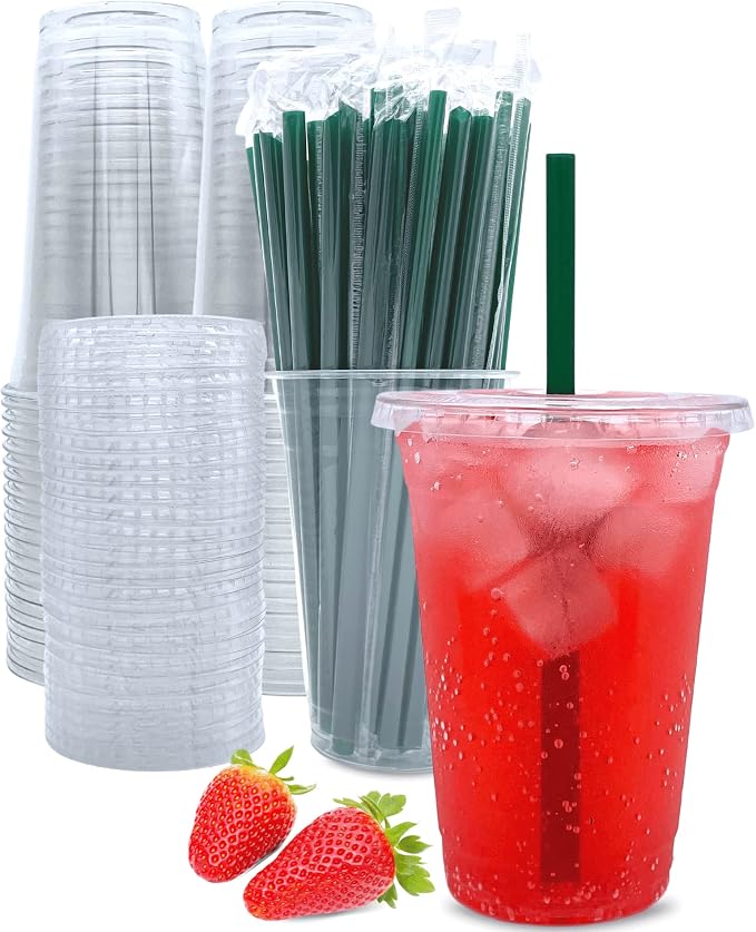 20 oz Clear Plastic Cups with Lids and Straws, Disposable Coffee Cups 25 Sets by Aatriet