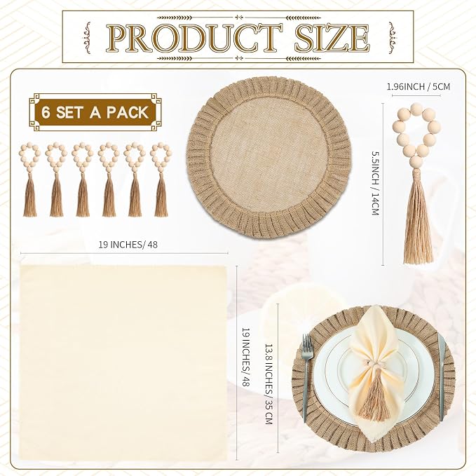 Gejoy 18 Pcs Round Burlap Placemats Wood Bead Napkin Rings - Image 2