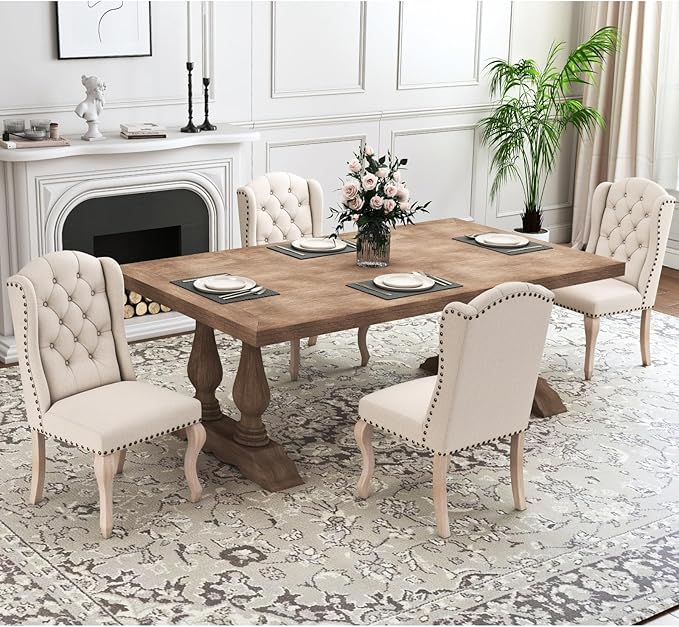 chairus Tufted Parsons Dining Chairs Set of 4, French Country Upholstered Dining Room Chairs with Nailhead Trim & Curved Wood Legs, Farmhouse High Back Armless Side Kitchen Chairs, Beige Linen