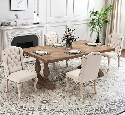 chairus Tufted Parsons Dining Chairs Set of 4, French Country Upholstered Dining Room Chairs with Nailhead Trim & Curved Wood Legs, Farmhouse High Back Armless Side Kitchen Chairs, Beige Linen