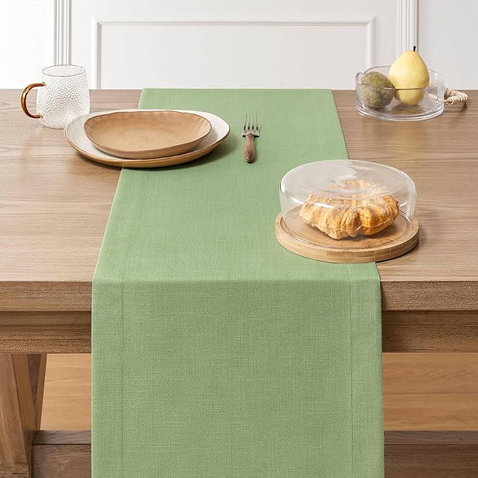 Linen Textured Border Table Runner, 14 x 36 Inch Green | Mitered Corner Design - Image 3