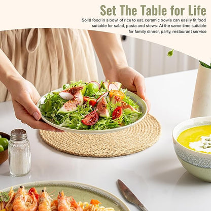 Plates and Bowls Sets, 12 Pieces Grass Green Dinnerware Sets for Kitchen, Reactive Glaze Dishes Set for 4, Dishwasher and Microwave Safe, Series Starflecked Shore (Grass Green)