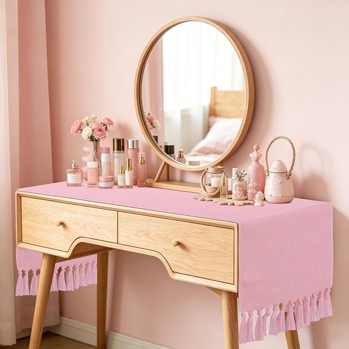 Pink Table Runner 72 Inches Long, Boho Woven Linen Farmhouse Dresser Table - Image 4
