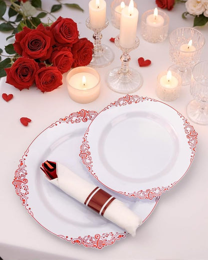 Nervure 100Pcs White Red Plastic Plates, Party Plates Set - Image 3