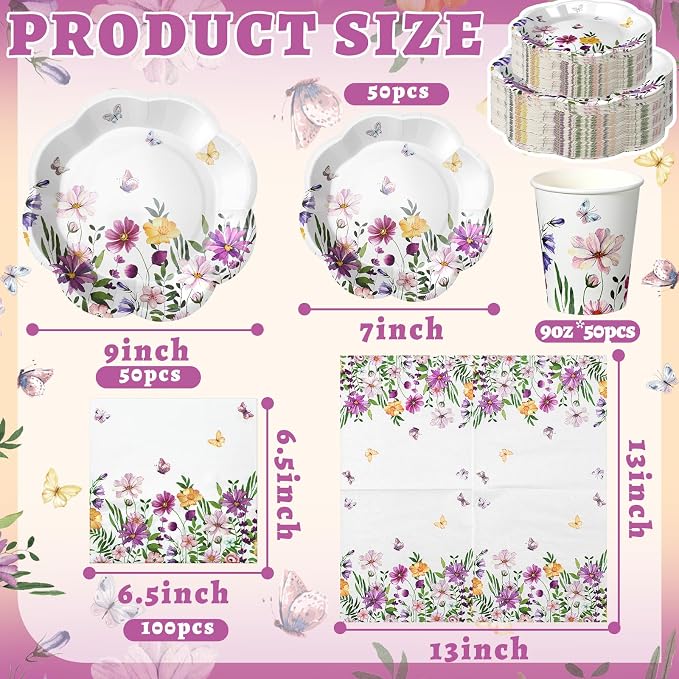 250 Pcs Wildflower Disposable Paper Plate Napkins | Disposable Paper Pink - Image 3