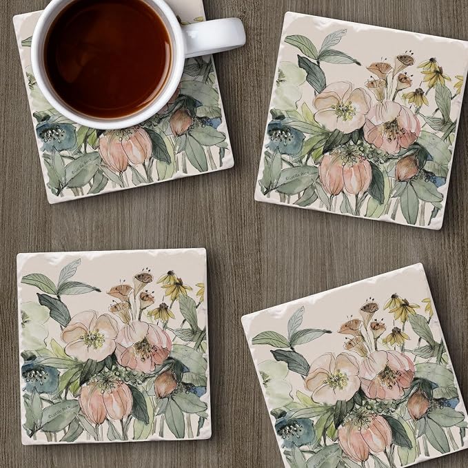 Thirstystone Floral Sketch 4 Pack Tumbled Tile Stone Coasters | 4" Square - Image 5