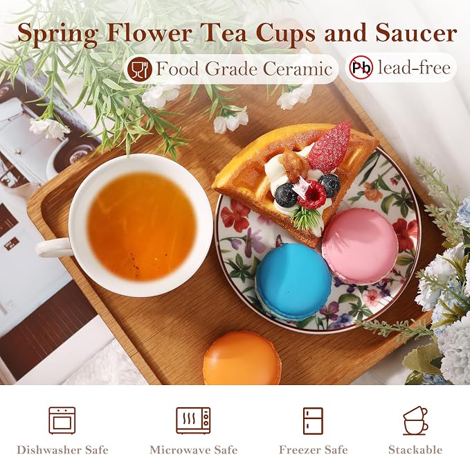 Tea Cups and Saucers, 8 OZ Wildflower Porcelain Tea Cup - Image 4