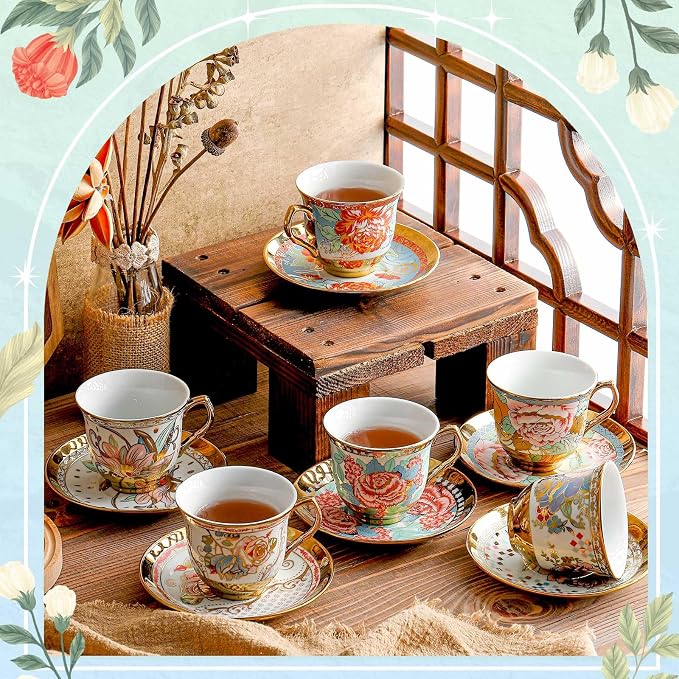 Teenyyou Set of 12 Tea Cups and Saucers Tea Party Decorations Floral Porcelain - Image 3