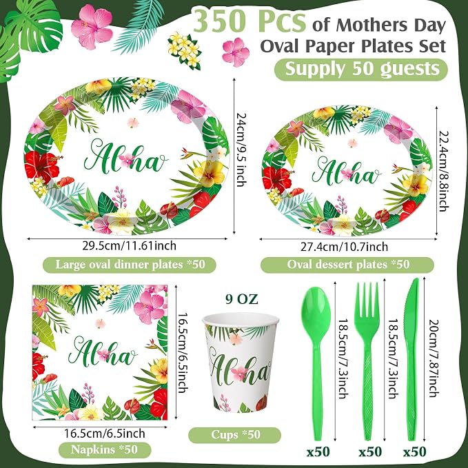 350 Pcs Summer Hawaiian Party Supplies Luau Oval Plates and Napkins Set Palm - Image 3