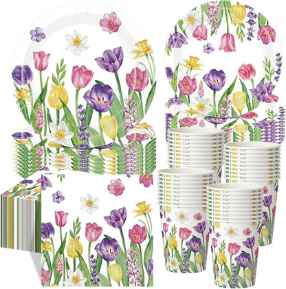 Funnymoom 250 Pcs Tulip Floral Paper Plates and Napkins Spring Party Supplies by Funnymoom