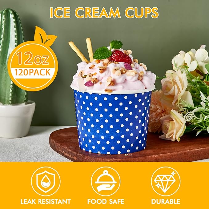 120 Pack 12 oz Ice Cream Cups, Disposable Paper Dessert Cups | three color - Image 2