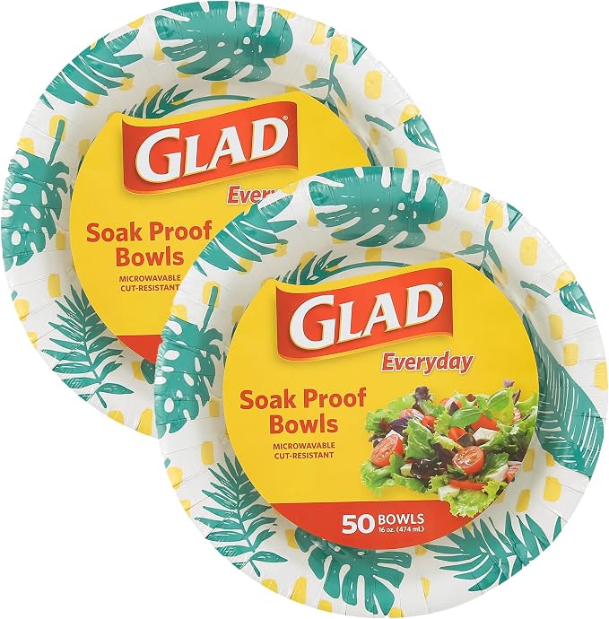 Glad Round Disposable Paper Bowls, Palm Leaves, 16 Oz, soak-proof and by GladTrashFoodStorage