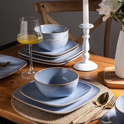 AmorArc Ceramic Dinnerware Sets for 4, 12 Pieces Square Handpainted Plates and Bowls Set, Chip and Scratch Resistant Stoneware Dishes Set, Dishwasher & Microwave Safe, Reactive Blue