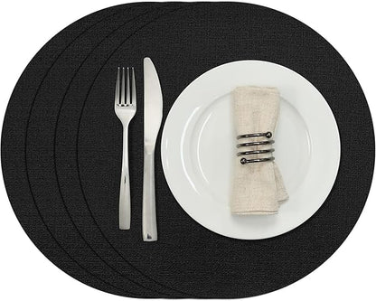 Myir JUN Round Placemats, Dual Sided Faux Leather Place Mats Set of 4 Indoor/Outdoor Non-Slip Washable Table Mats (Black, 4 Pack)