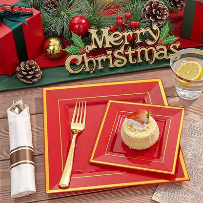 Liacere 100PCS Red and Gold Square Plastic Plates-50PCS Heavy Duty 9.5inch Disposable Dinner Plates and 50PCS 6inch Red Dessert Plate - Gold Plastic Plate for Party&Wedding&Valentine's Day