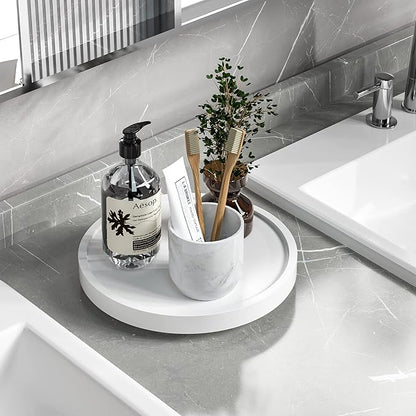 Turntable Vanity Tray 9 Inch for Perfume Candle, Bamboo Kitchen Sink Countertop Organizer for Keep Glass, Sponge and Soap Bathroom Countertop Organizer White