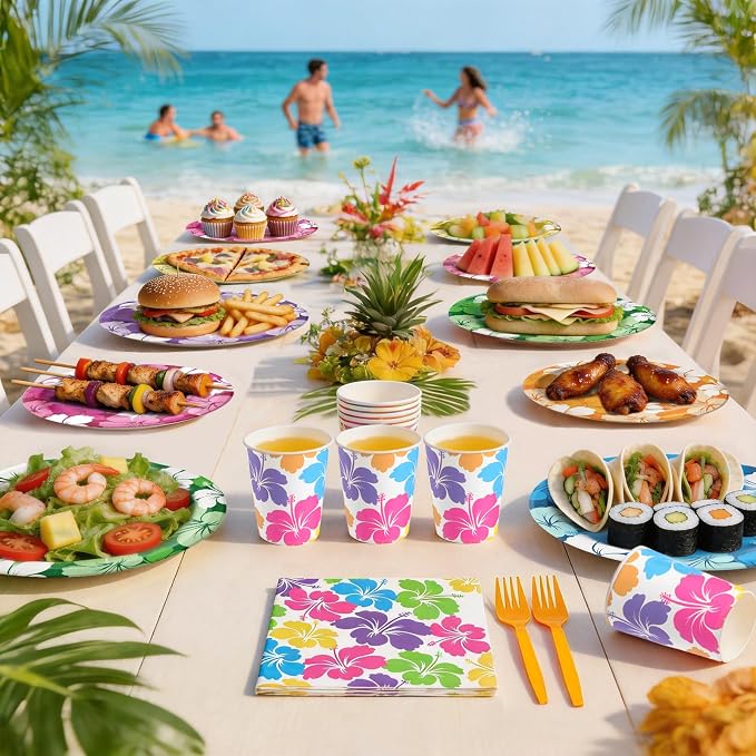 Hawaiian Luau Party Supplies, Tropical Hibiscus Disposable Tableware - Image 2