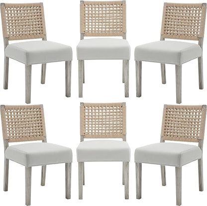 Farmhouse Dining Chairs Set of 6 Linen Fabric Upholstered Accent Side Chair, Mid Century Modern Kitchen & Dining Room Chairs with Woven Rope Back for Home, Living Room, Bedroom - White
