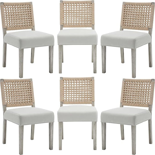 Farmhouse Dining Chairs Set of 6 Linen Fabric Upholstered Accent Side Chair, Mid Century Modern Kitchen & Dining Room Chairs with Woven Rope Back for Home, Living Room, Bedroom - White
