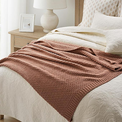 EVERGRACEHOME Chunky Chenille Knit Throw Blanket for Couch, Soft Luxurious Moss Stitch Blankets for Bed, Cozy Decorative Farmhouse Knitted Throws for Sofa, Terracotta Clay, 50" x 60"