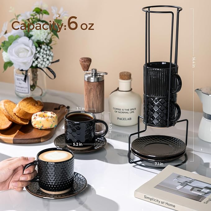 GBhome 6 OZ Stackable Coffee Mugs Set of 4, Ceramic Espresso Coffee Cups | - Image 2