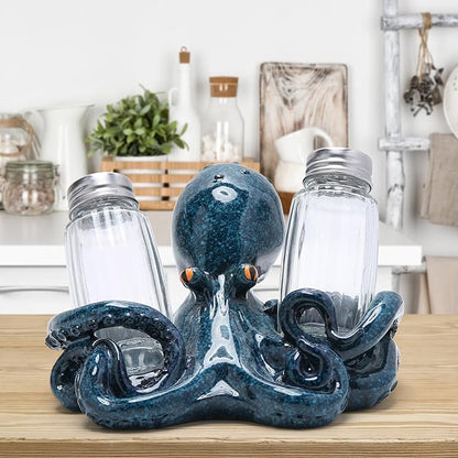 Hodao Octopus With Salt and Pepper Shaker Figurines Decorations Octopus Set with Holder Figurine for Beach Bar or Tropical Kitchen Decor Octopus Table Decorations By Home Gifts (Octopus)