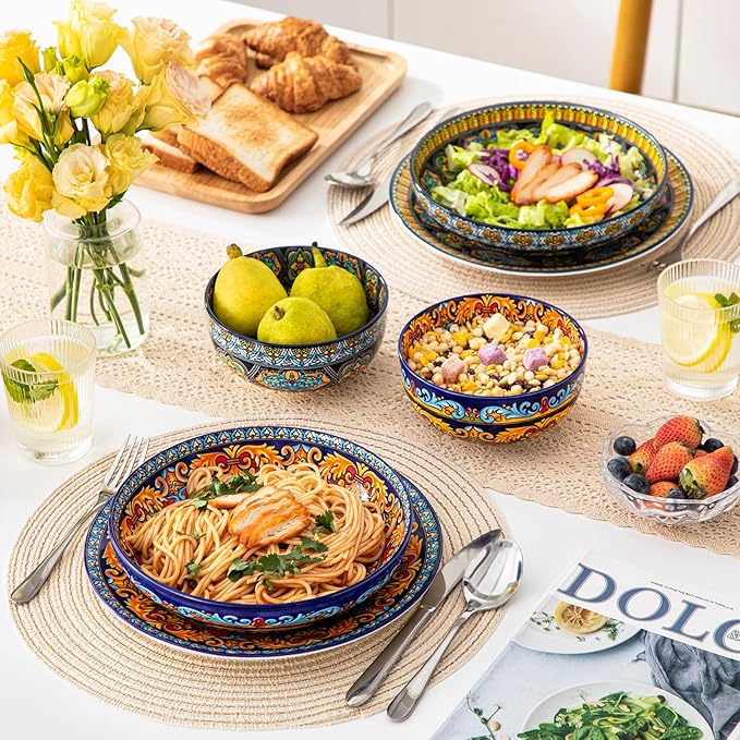 vancasso Pasta Bowls Set of 4, 42oz Ceramic Salad Serving Bowls, Bohemian | - Image 5