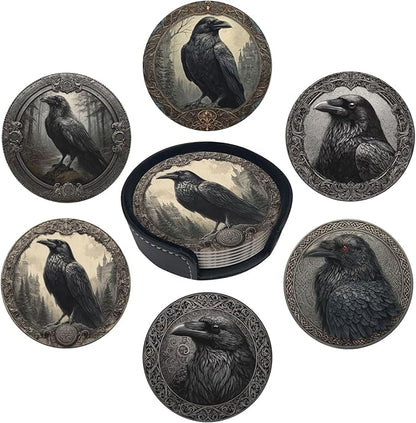 Raven Coasters for Drinks with Holder Round Leather Coasters Set of 6 Cups Mugs Mat Pad for Home Kitchen Bar
