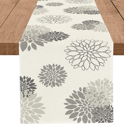 Gray Dahlia Table Runner Modern Elegant Flower Beige Table Runners Geometric by WHOMEAF