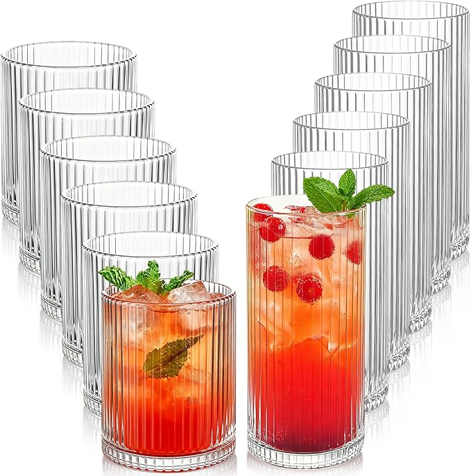 Ribbed Drinking Glasses 12pcs, 12oz and 10oz Glassware, Tumbler Glasses Cup Set by Lumkit