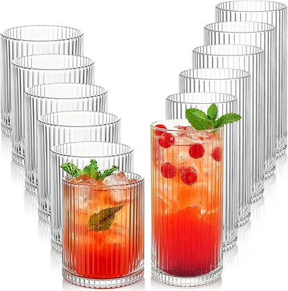 Ribbed Drinking Glasses 12pcs, 12oz and 10oz Glassware, Tumbler Glasses Cup Set by Lumkit