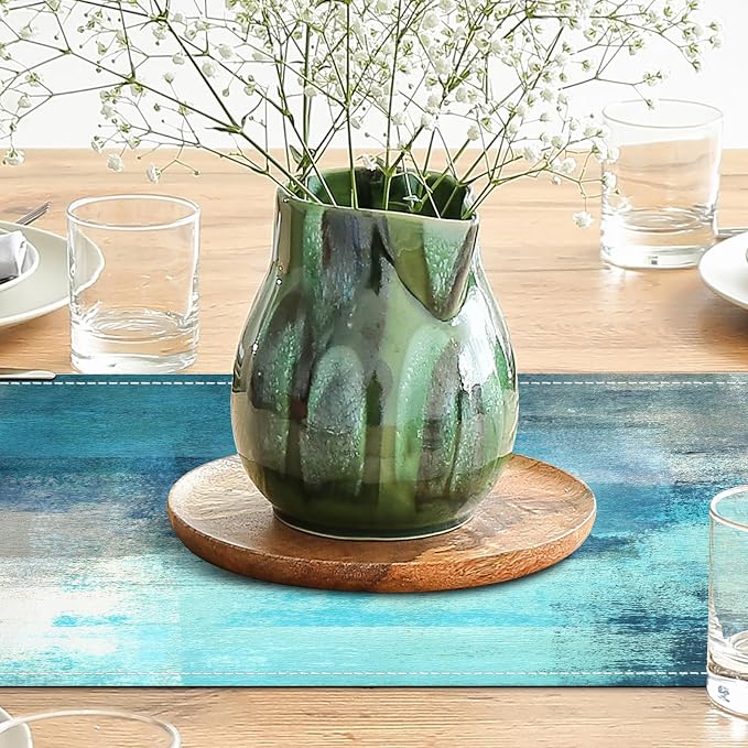 Teal Grey Table Runners Modern Art Farmhouse Linen Turquoise Table Runners - Image 4