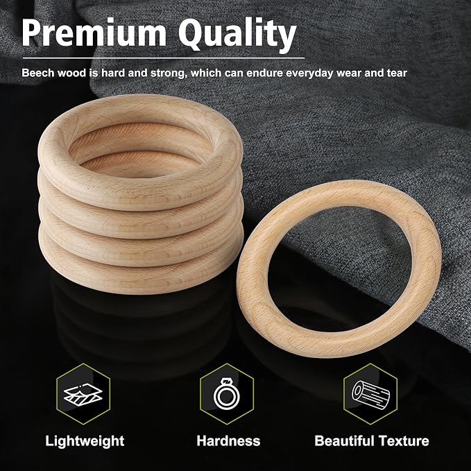 FoDau770 5pcs Natural Beech Wooden Rings, Unfinished Solid Wood Rings Heavy - Image 3