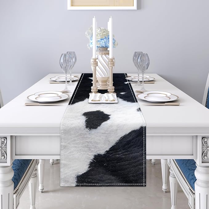 Linen Cow Print Table Runner 13x71 Inch Farmhouse Western White Black Cowhide - Image 3