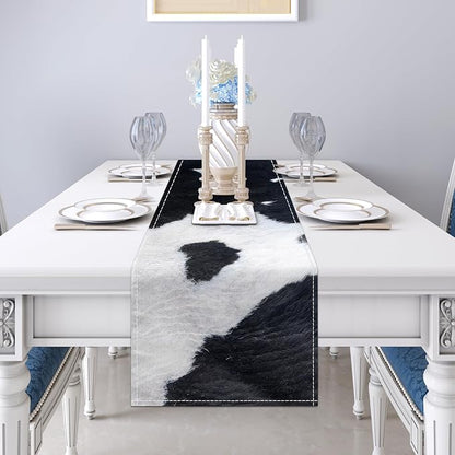 Linen Cow Print Table Runner 13x71 Inch Farmhouse Western White Black Cowhide - Image 3