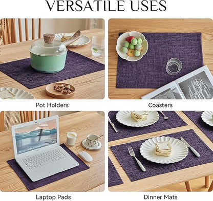 Softalker Faux Linen Placemats Set of 12-12 x 18 Inch, Heat Resistant Double Layered Durable Burlap Farmhouse Place Mats, Non-Slip Washable Rustic Table Mats for Dining, Kitchen, Party（Purple