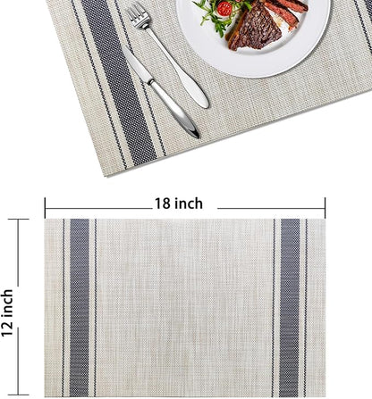 Placemats Set of 4 Vinyl Washable Blue Placemats, 18"x12" Wipeable Heat-Resistant Non-Slip Easy Clean Table Mats Ideal for Dining Table Table Runner and Outdoor (4, Blue Wide Stripe)