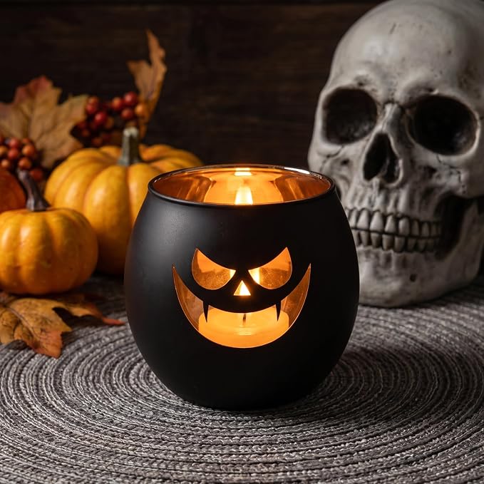 Halloween Tea Light Candle Holders Set of 6 | Gold Interior Black Jack O - Image 5